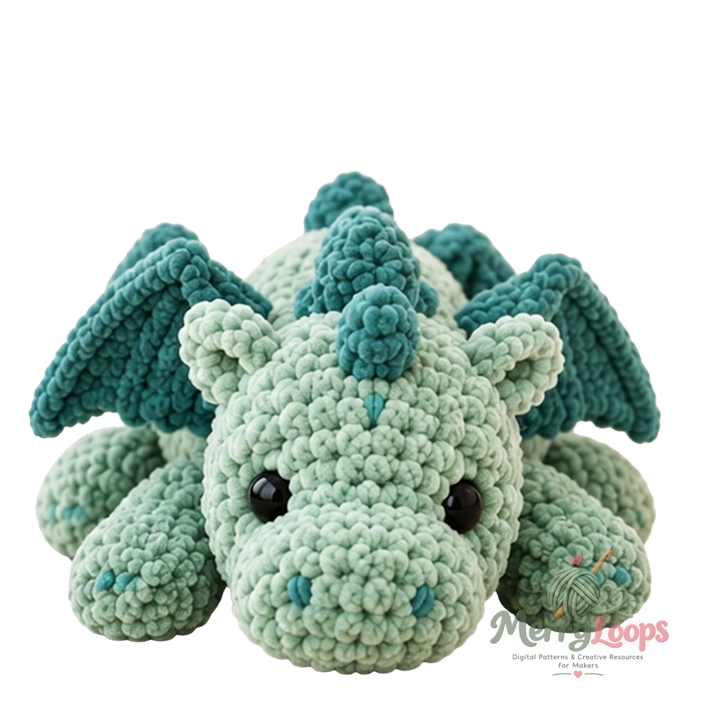Floppy crochet dragon made with a MerryLoops PDF pattern